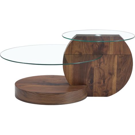 Mesa de centro moderna de vidrio templado y MDF, acabado nogal, diseño multicapa (1/5)