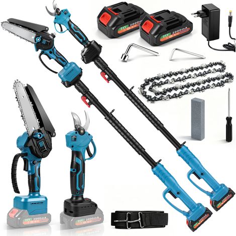 Set de Jardin 4-en-1 sans Fil Tronçonneuse Mini + Élagueuse sur Perche Télescopique (1,05-1,7 m, Hauteur 4 m) + Sécateur Électrique – Moteur Brushless 600W, 2 Batteries 2,0 Ah pour Grands, Jardins (1/5)