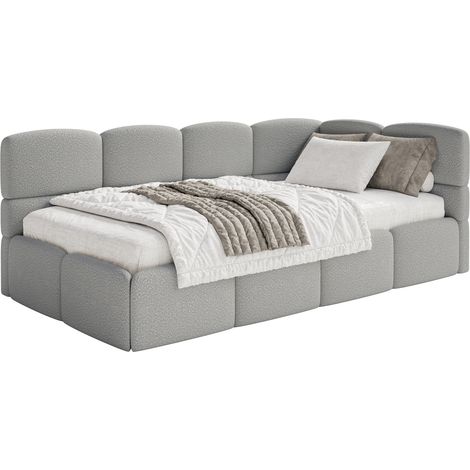 Selsey Cloudy – Einzelbett 120x200, Kopfteil rechts, Matratze & Bettkasten, Bouclé Grau