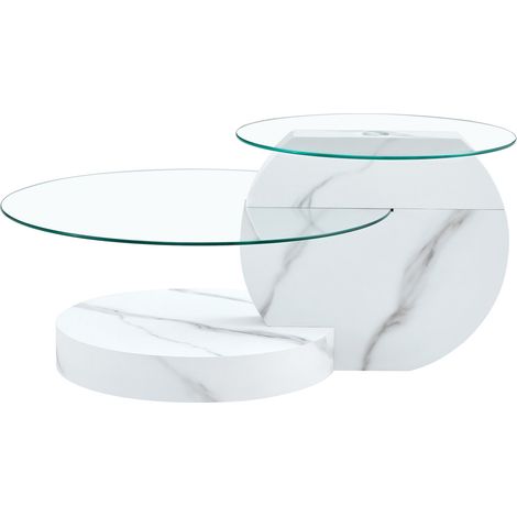 Mesa de centro moderna de doble nivel en cristal de seguridad y MDF con efecto mármol blanco (1/5)