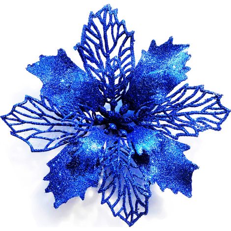12 glitzernde Weihnachtssternblüten für den Weihnachtsbaum, 16 cm Durchmesser, mit 12 weichen grünen (blauen) Bändern.