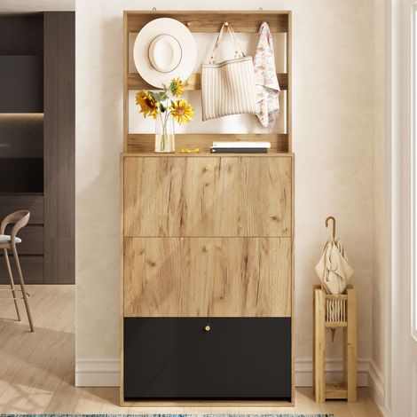 Meuble à chaussures moderne avec crochets, 3 compartiments de rangement rabattables, idéal pour l'entrée, aspect bois naturel et noir, dimensions : L 75 cm / H 180 cm / P 24 cm (1/4)
