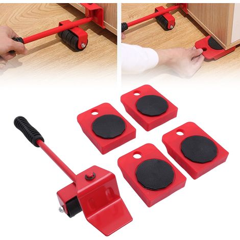 Kit de Déplacement de Meubles avec Barre de Levage et 4 Roulettes - ABS et Métal - Capacité 220 lbs - Rouge (1/5)