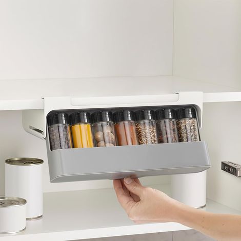Étagère à épices avec 6 boîtes à épices, extensible, avec boîtes à épices, étagère de cuisine, sans perçage (32 X 9,5 X 13,5 cm) (1/5)