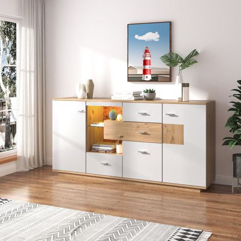 Armoire sideboard moderne avec beaucoup d'espace de rangement, avec éclairage LED, 160x40x77cm, 2 portes, 4 tiroirs, étagère en verre, aspect bois, blanc,Meuble de salon, organisateur, commode, armoir