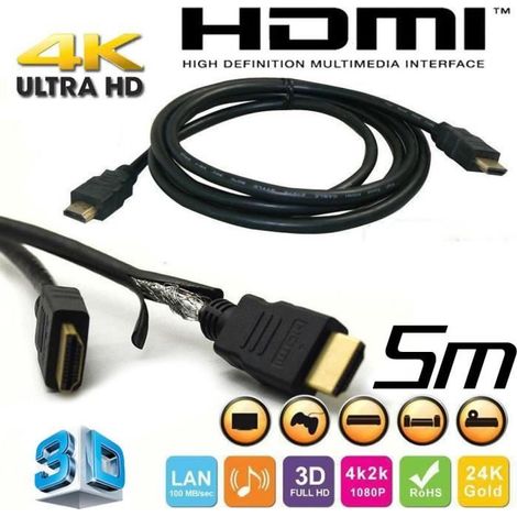Câble HDMI - HARD-N-DISCOUNT - 5m - Noir - Transmission vidéo et audio - Compatible consoles