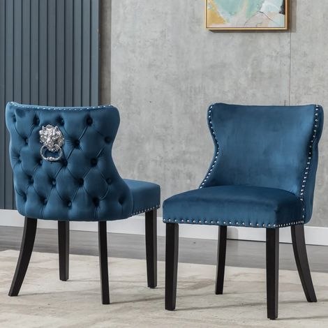 Wahson 2 PZ Sedie Sala da Pranzo in Velluto con Dettagli a Borchie, Sedie Cucina Eleganti con Gambe in Legno, Sedie Imbottite con Schiuma ad Alta Densità per Cucina/Soggiorno, Blu