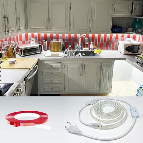LED Strip 1 m, LED Strip 220 V 230 V without Transformer Waterproof IP65 LED Strip 120 LEDs/m, 6000 K Strip with Switch, Cool White (1/5)