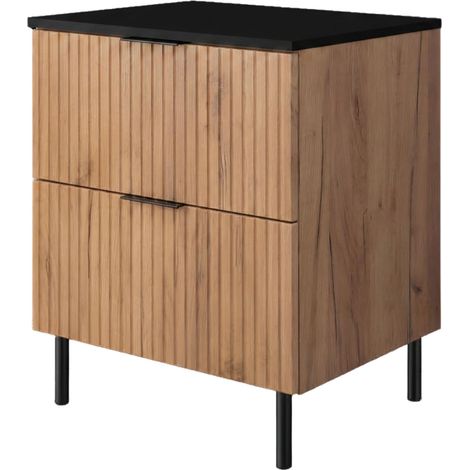 Mobile sottolavabo con piedini 60 cm, 2 cassetti, con piano, Rovere Craft Dorato / piano Nero, maniglie nere, gambe nere, 60 x 46 x 73,6 cm