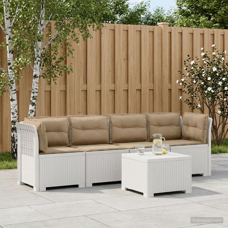 Canapé de Jardin Modulable 4 Places avec Table Aspect Rotin PP Blanc et Coussins Taupe - PANGIVO (1/5)