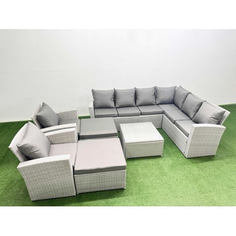 Fimous Rattan Garden Outdoor Furniture Set 10 Seater Rattan Garden Sofa Set with 2 Armchairs 2 Big Footstools Light Grey Mixed (1/4)