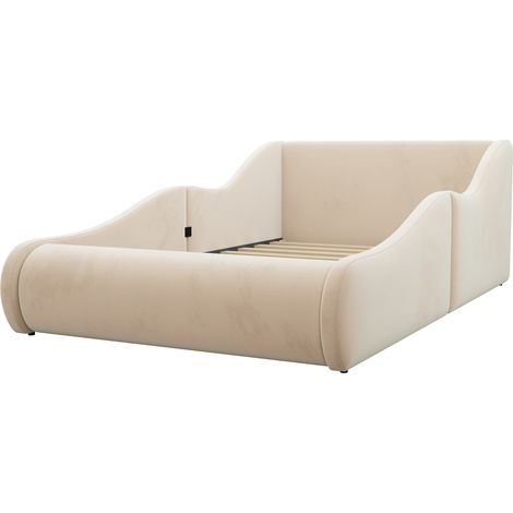 Cama infantil tapizada 90 x 200 cm en terciopelo beige con cabecero alto y barandillas laterales (1/5)