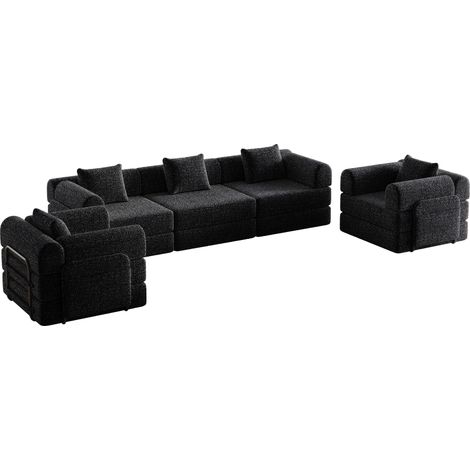 Sofá cama modular de chenilla negro con almacenamiento en el reposabrazos (1/5)