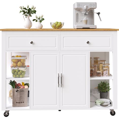 Îlot de cuisine haut de gamme sur roulettes, desserte multifonction effet bois avec grand espace de rangement, 2 tiroirs avec freins, chariot pour cuisine, salle à manger ou salon