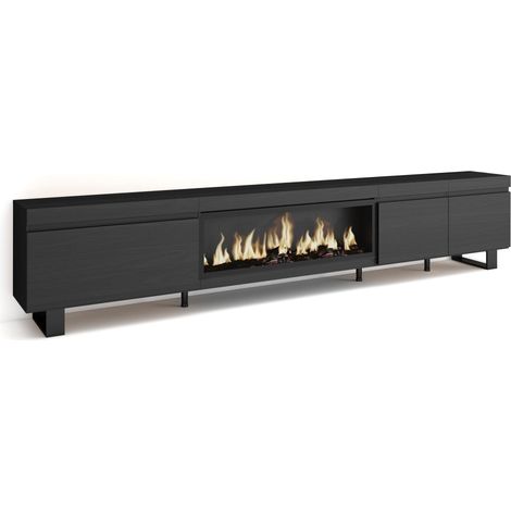 Skraut Home - Meuble TV, Banc Télé, Grand espace de Rangement, 288x57x35 cm, TV grand format, Cheminée électrique XXL, Design industriel, Style moderne, Noir (1/5)