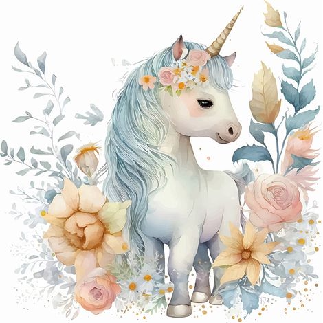 Papier peint panoramique Enfants - Licorne Fleurs - 130 cm x 90 cm (1/2)