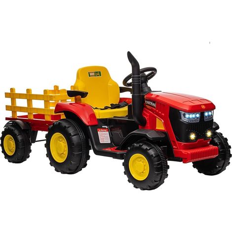 Tracteur électrique enfant 6 pneus 12V remorque amovible, 2 moteur 35W Télécommande Musique MP3 Sans fil, Phares LED 3-8 ans Rouge (1/5)