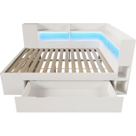 Tagesbett 140x200 cm Weiß mit LED, USB-C, Stauraum und Matratze aus Holz MODENUIT (1/5)