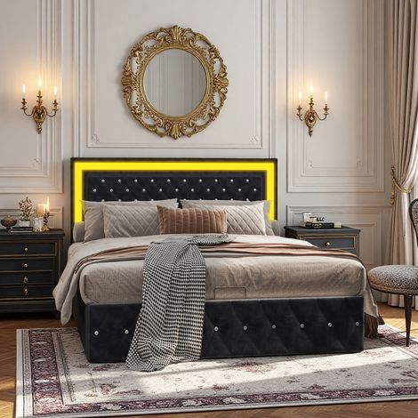 Lit 140x200 cm - tissu en velours - LED - Design moderne - cadre de lit scandinave 140x200 cm - noir (1/5)