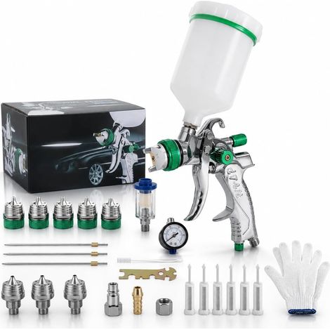Pistolet à Peinture Pneumatique HVLP 600ml avec 4 Buses (1,4/1,7/2,0/2,5mm) pour Murs, Automobile et Rénovation - Vert (1/5)