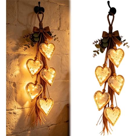 Décoration Murale Cœur avec LED, Lot de 5 Cœurs en Bois, Style Bohème Rustique pour Chambre et Entrée (1/5)