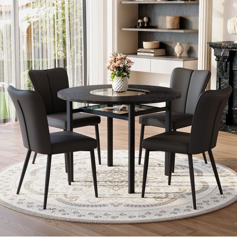 REDOM - Set da pranzo rotondo con tavolo e 4 sedie, in similpelle nera, MDF con inserto in vetro temperato, struttura in metallo nero. (1/5)