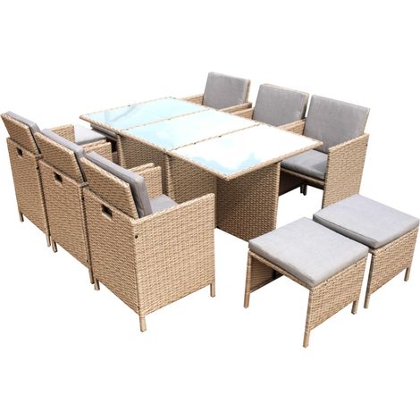 set da giarino "new atlas" colore marrone con 6 poltrone, 4 sgabelli e tavolo con top in vetro