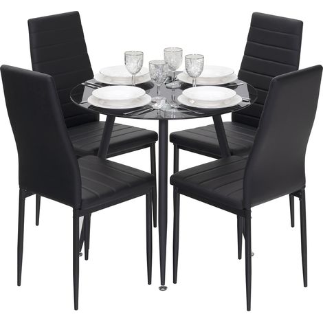 Conjunto de Mesa Corin con 4 Sillas Shirley Ø80x75 cm, Estructura Metálica Negra y Tapa de Vidrio con Efecto Mármol Negro MOG Casa
