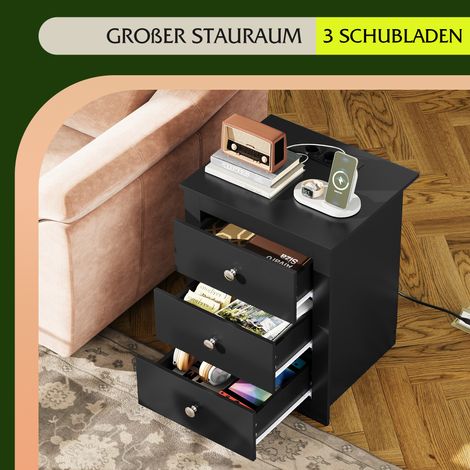 Irovami Table de chevet 3 tiroirs avec chargeur – 2 prises + 2 USB, rangement, noir – Pour chambre, salon, bureau (1/3)