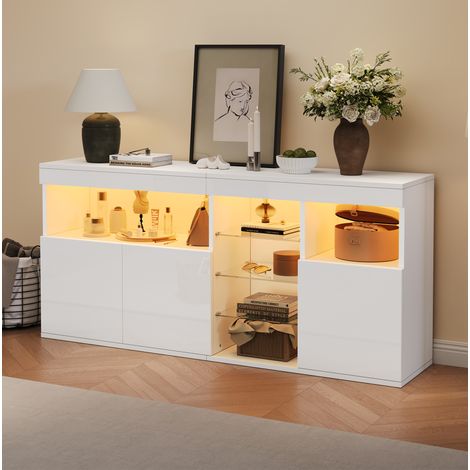 Meuble TV blanc 155,5 cm avec LED, 3 portes et étagères en verre HAVRYA (1/5)