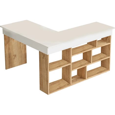 Bureau d'angle avec rangements - Coloris : Blanc et naturel - LILEUL