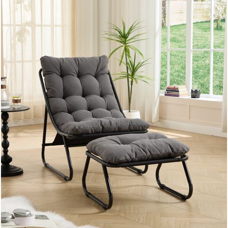 Poltrona da giardino reclinabile con poggiapiedi, cuscino grigio, struttura in acciaio nero DESVIAE (1/5)