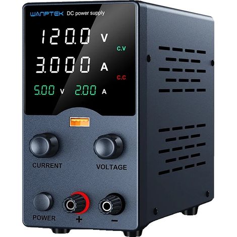 Fuente de alimentación de CC, ajustable a 30 V 10 A, con capacidad de carga rápida USB, color negro, 120 V 3 A (1/2)