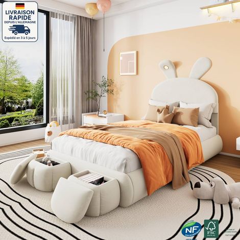 Modfu – Lit coffre simple pour enfants 90x200 cm – Tête de lit lapin avec LED – 2 tabourets de rangement – Velours beige – Structure métal et bois