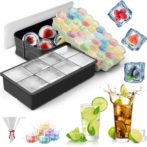 Bac a Glacon, Lot de 3 Bac a Glacons avec Couvercle, Glacons Moule, Moule a Glacon, pour Cocktails, Whisky, Boissons, Vin, Café, Glaces, Fruits, Chocolat, Démoulage Facile, Réutilisable (1/5)