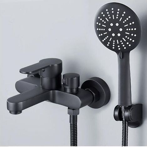 Mitigeur Baignoire Noir avec Douchette 3 Jets - Robinet Douche Mural - Monocommande pour Bain avec Support et Flexible (1/4)