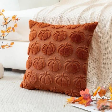 Automne Housses de Coussins 45x45cm Citrouille Décoratif Taie d'oreiller en Fausse Fourrure Douce et Moelleuse Doux (Rouille) (1/5)