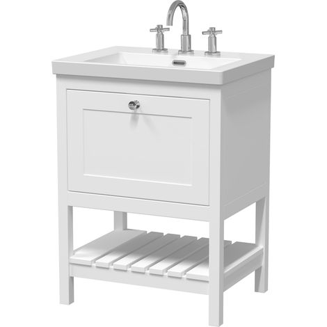Coppenhall Contemporary 1 Drawer Floor Standing Vanity Unit with Fireclay Basin, Pure White, 600mm