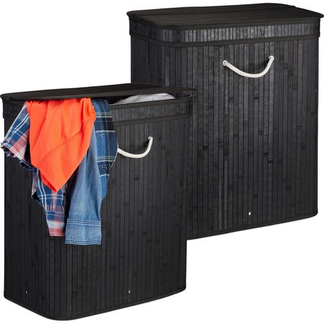 2x Cesto Portabiancheria con Coperchio, 2 Scomparti, Contenitore Panni, Traspirante, 95 Litri, Bambù, Nero