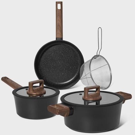 Just Perfecto JL-332: 6 Pieces Marble Coated Cookware Set with Rubber Rim Lid - Black (1/5)
