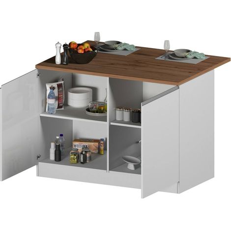 Dmora - Kücheninsel Emmanuel, Beistelltisch, Küchenschrank mit 2 Türen, 100 % Made in Italy, 125 x 90 x 90 cm, glänzendes Weiß und Eiche, mit verstärkter Verpackung