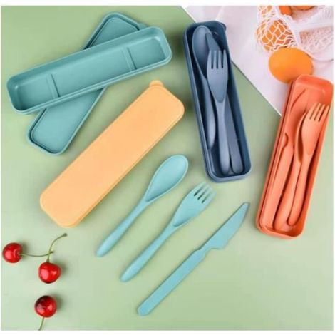 4 Ensemble de couverts avec étui,Ensembles de couverts portables,Ensembles de couteaux et de fourchettes en plastique, pique-nique (1/4)