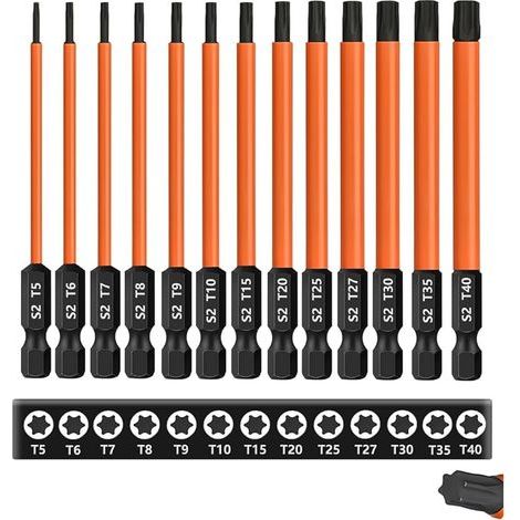 Set de 13 Embouts Long Torx, T5-T40 Embouts Tournevis Torx S2 Acier, Longueur 100 mm, Tige hexagonale de 1/4" Embout Visseuse Magnétiques Pour Perceuse-Visseuse (1/5)