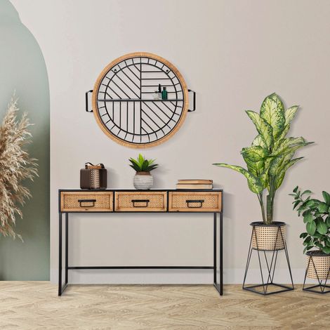 Mensola Homer, un Ripiano, Cornice in Rattan Intrecciato, Sfumatura Colore Struttura Rovere, 73x18x65h cm Marrone Rovere (1/5)