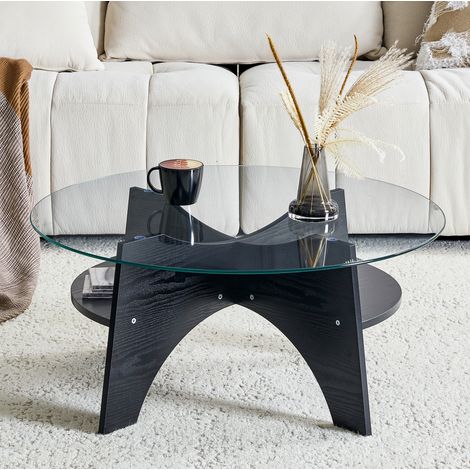 Mesa de centro redonda Ø 80 cm en vidrio de seguridad y MDF negro DESVIAE (1/5)