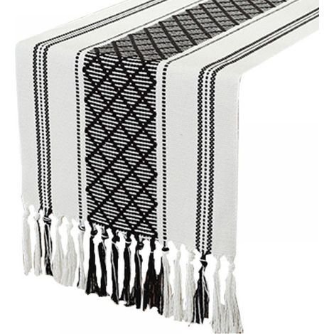 1 Chemin de table tissé, motif géométrique noir et blanc, avec glands, coton polyester, pour salle à manger, mariage, fête (1/5)