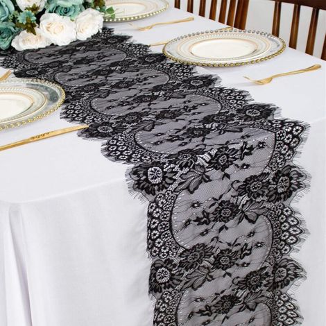 Chemin de Table en Dentelle Noire - 34 x 300 cm - Petit Chemin de Table en Lin - Style Rustique bohème (1/5)