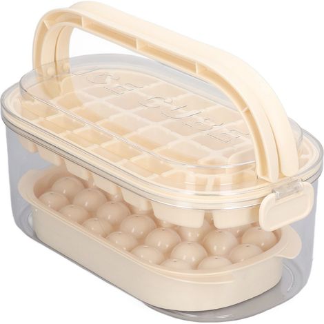 Lot de 2 bacs à glaçons ronds et carrés avec couvercle et seau, moule à glaçons pour congélateur, pelle incluse, 54 glaçons, base rigide, beige, 2 étages (1/5)