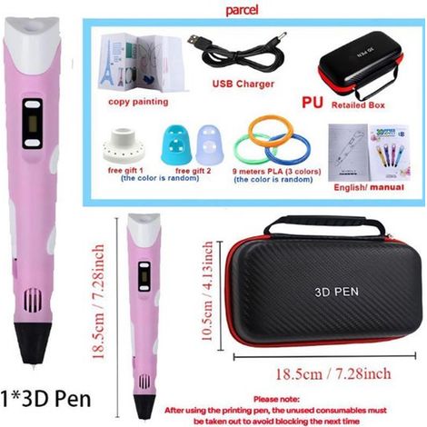 Lápiz de impresión 3D para niños, rompecabezas 3D para armar, modelo USB + bolsa + libro de pintura plegable + 2 fundas para dedos, rosa (1/2)