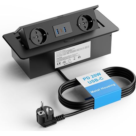 Prise Encastrable Plan de Travail, USB-C PD 20W, 2 Prises, Noir (1/5)